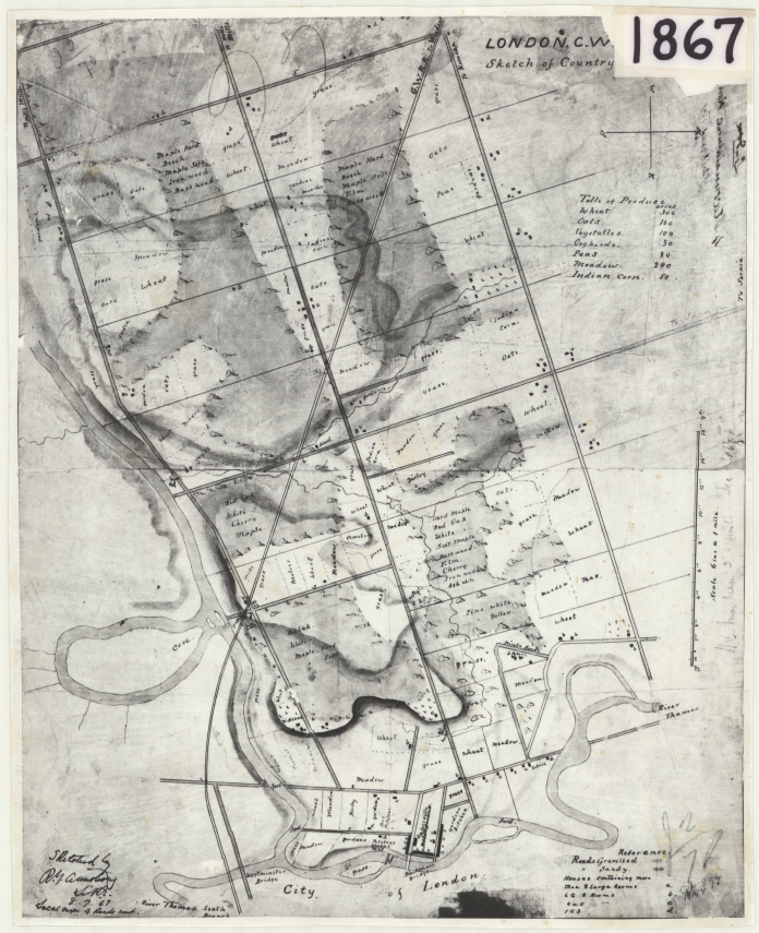 a black and white handdrawn map of river, roads with crops labelled on what will become Cherryhill
