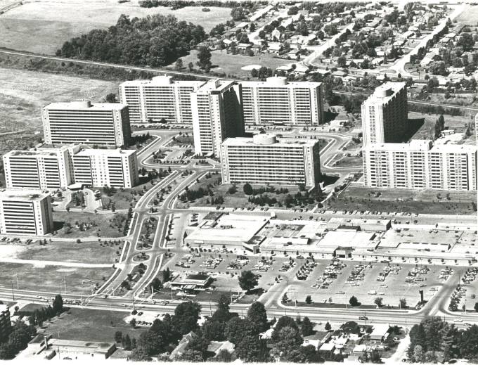 An aerial photo of a collection of apartment buildings in Cherryhill