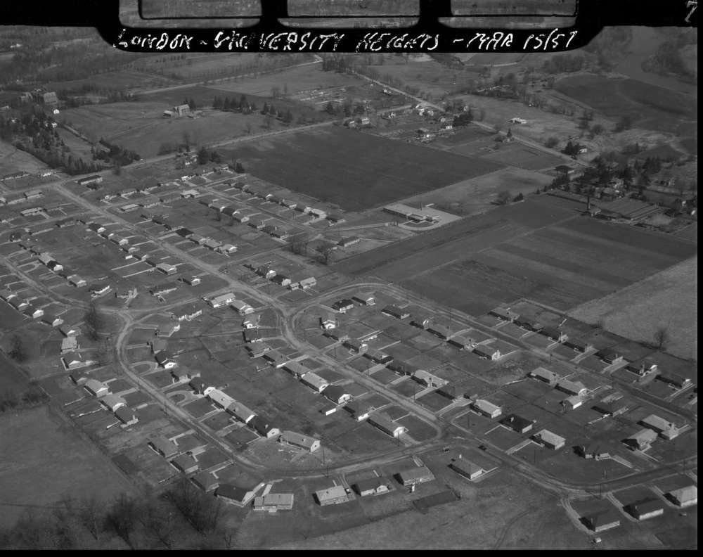 A black and white aerial photo of university heights suburb